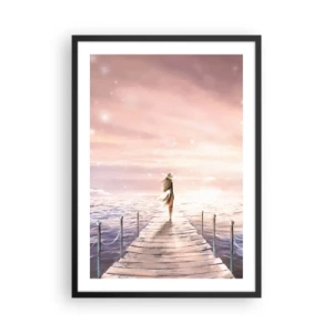 Poster in einem schwarzem Rahmen - Romantischer Sonnenuntergang am Pier mit einer Frau mit Hut - 50x70cm - Im Licht eines Traums - Moderne Wanddekoration für Wohnzimmer und Schlafzimmer ARTTOR