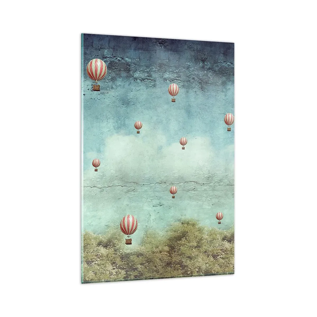 Glasbild - Bild auf glas - Retro-Ballons vor blauem Himmel und grünem Hintergrund - 80x120cm - Frei von der Hektik des Lebens - Moderne Wanddekoration für Wohnzimmer und Schlafzimmer ARTTOR