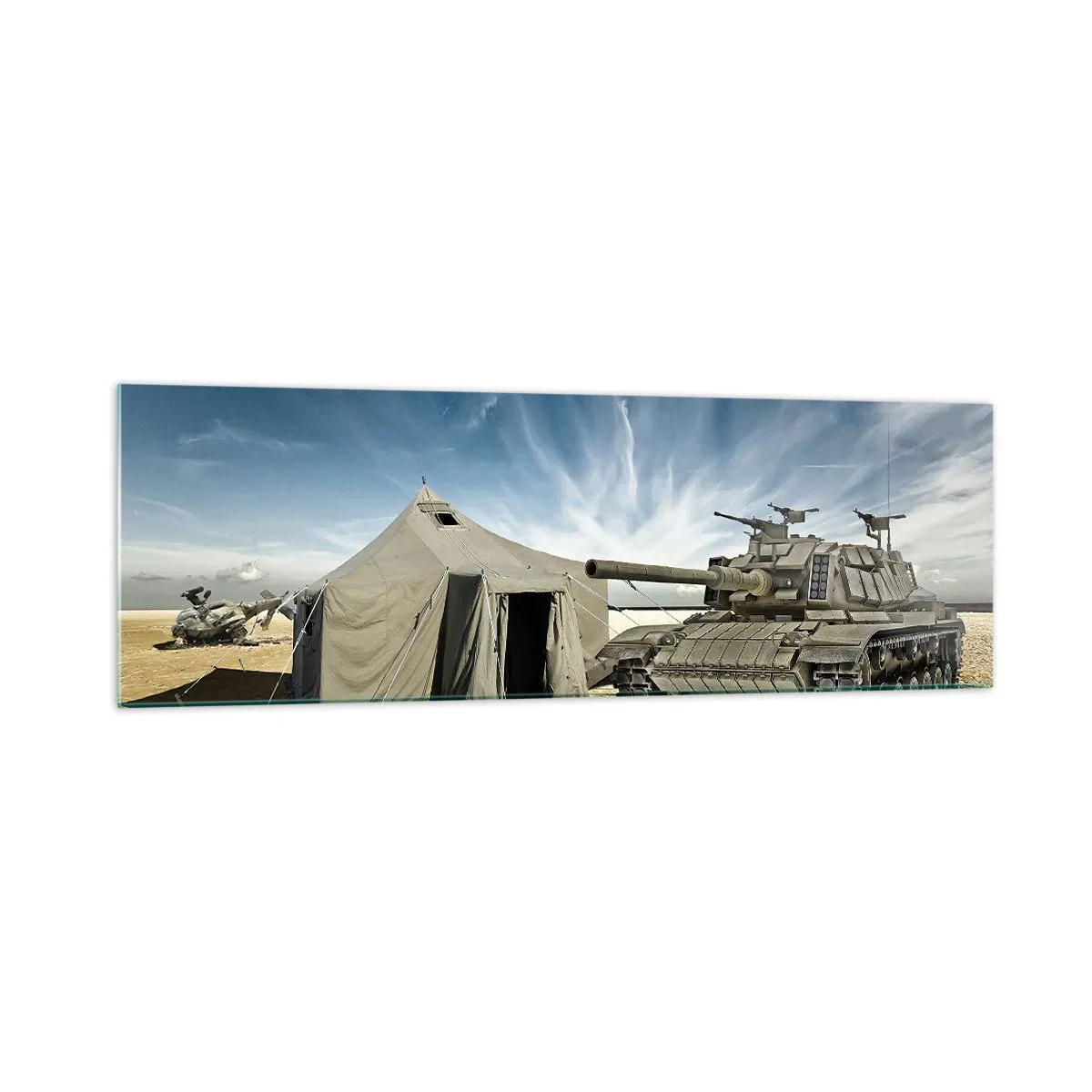 Glasbild - Bild auf glas - Ein Panzer neben einem Militärzelt in einer Wüstengegend - 160x50cm - Ein militärischer Traum - Moderne Wanddekoration für Wohnzimmer und Schlafzimmer ARTTOR