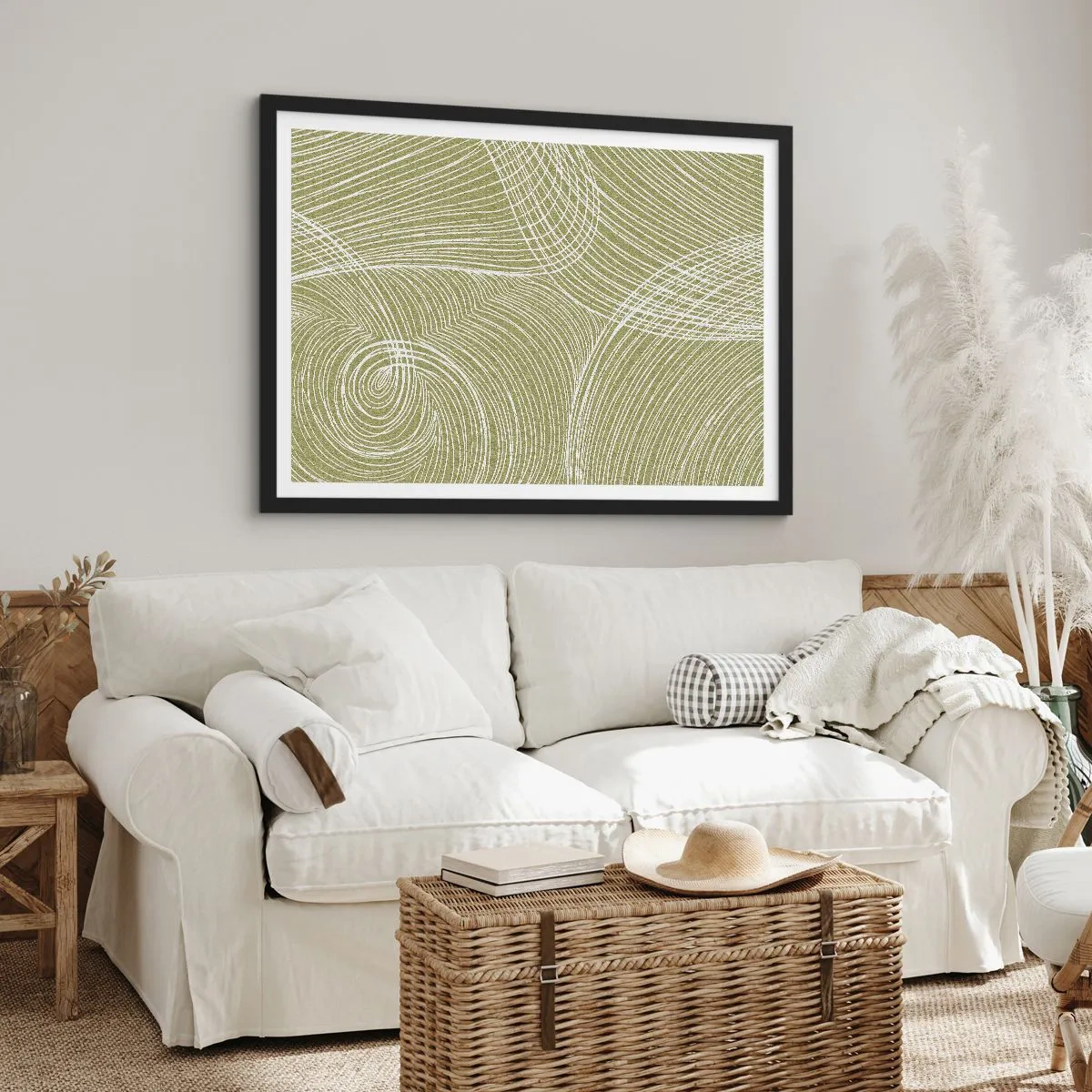 Poster in einem schwarzem Rahmen - Grüne und weiße Linien in einer abstrakten Komposition - 70x50cm - Komplizierte Abstraktion in Weiß - Moderne Wanddekoration für Wohnzimmer und Schlafzimmer ARTTOR