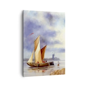 Bild auf Leinwand - Leinwandbild - Segelboote auf ruhigem Wasser mit Windmühlen im Hintergrund - 50x70cm - Die Rückkehr der Seeleute - Moderne Wanddekoration für Wohnzimmer und Schlafzimmer ARTTOR