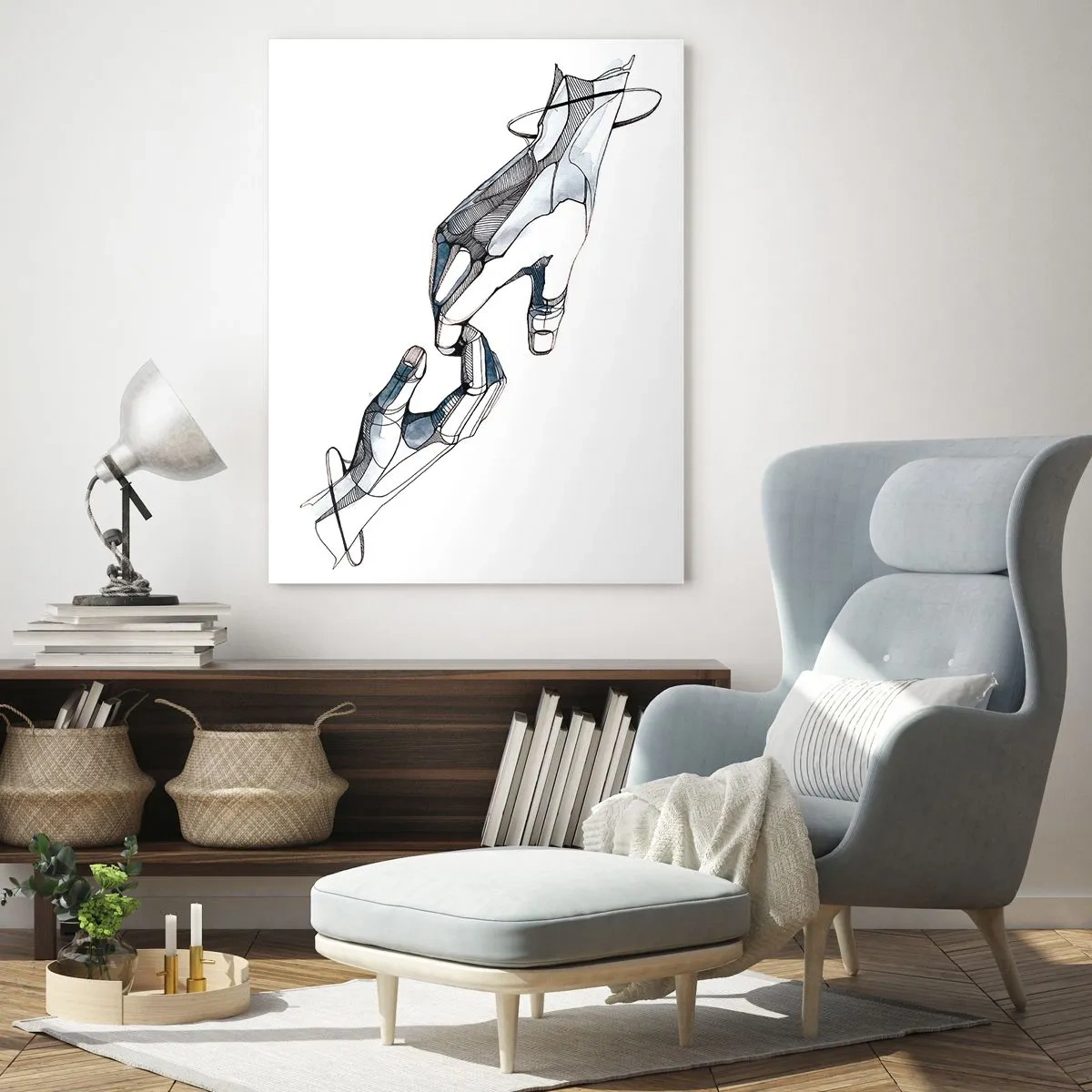Glasbild - Bild auf glas - Künstlerische Darstellung einer Hand in minimalistischer und geometrischer Form - 80x120cm - Eine gute Geste - Moderne Wanddekoration für Wohnzimmer und Schlafzimmer ARTTOR