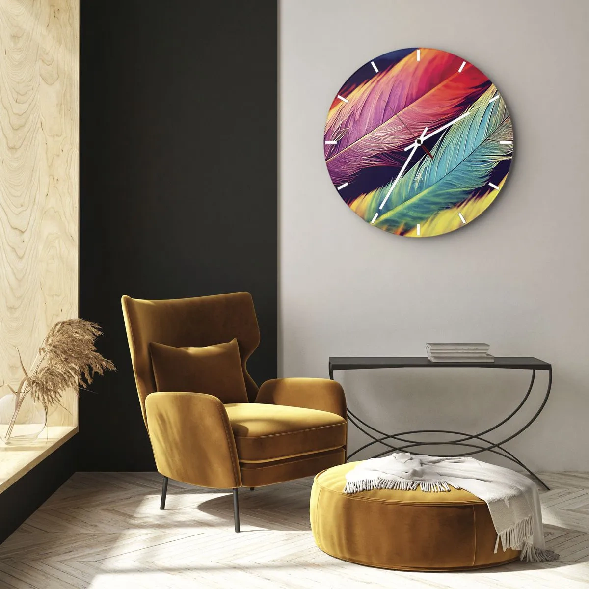 Wanduhr - Glasuhr - Bunte Federn in intensiven Farben bilden einen Regenbogen - 30x30cm - Gefiederter Regenbogen - Moderne Wanddekoration für Wohnzimmer, Küche und Schlafzimmer ARTTOR