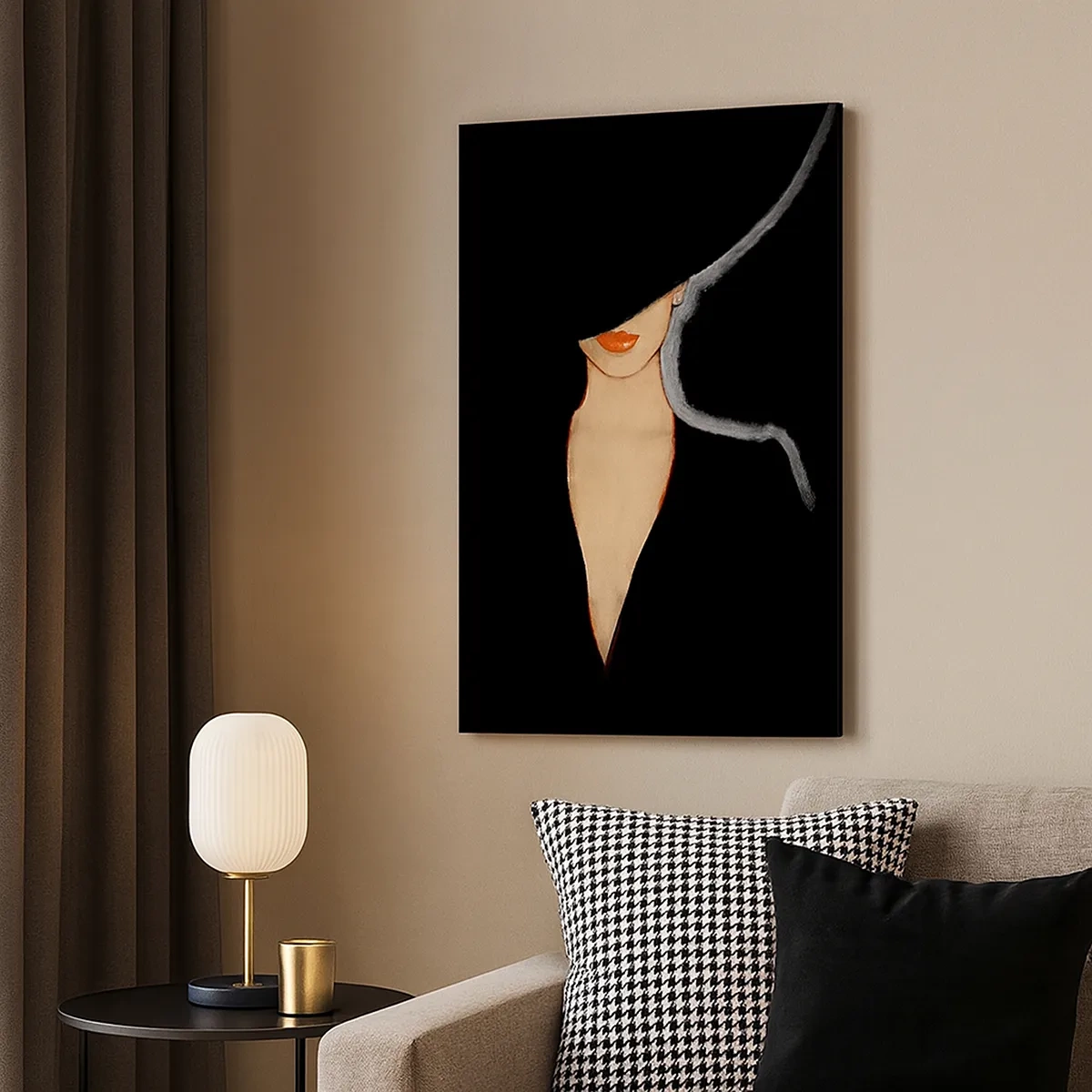Bild auf Leinwand - Leinwandbild - Silhouette einer Frau mit Hut auf schwarzem Hintergrund - 50x70cm - Eleganz und Stil - Moderne Wanddekoration für Wohnzimmer und Schlafzimmer ARTTOR