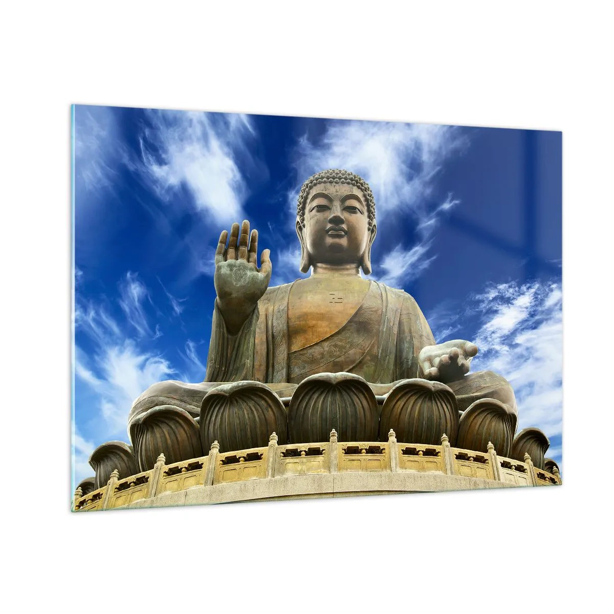 Glasbild - Bild auf glas - Eine große Buddha-Statue vor blauem Himmel - 100x70cm - Leben ohne Angst - Moderne Wanddekoration für Wohnzimmer und Schlafzimmer ARTTOR