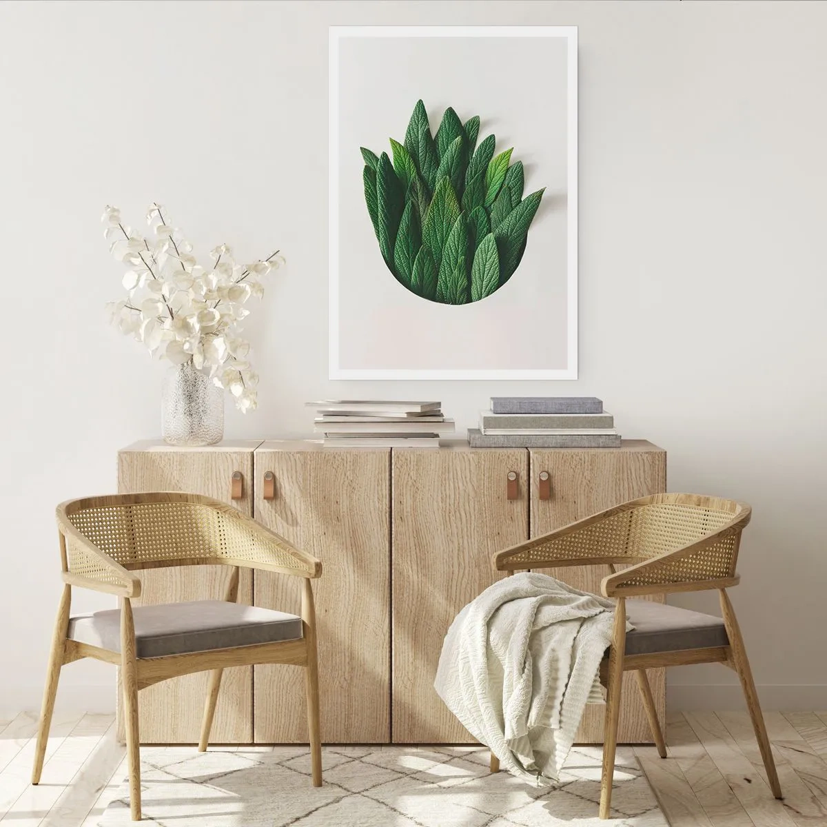 Poster - Blätter in einer künstlerischen Komposition auf weißem Hintergrund - 50x70cm - Ungebremste Neugier - Moderne Wanddekoration für Wohnzimmer und Schlafzimmer ARTTOR