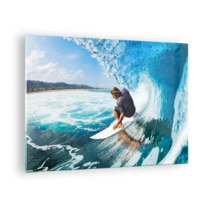 Glasbild - Bild auf glas - Surfer in einem Wassertunnel mit dem Ozean im Hintergrund - 70x50cm - Tanzen mit den Wellen - Moderne Wanddekoration für Wohnzimmer und Schlafzimmer ARTTOR
