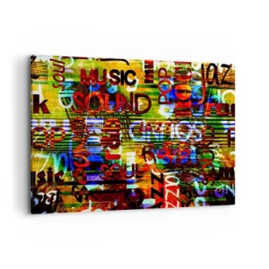 Bild auf Leinwand - Leinwandbild - Bunte Abstraktion mit Musikinschriften im Pop-Art-Stil - 120x80cm - Alle Farben des Klangs - Moderne Wanddekoration für Wohnzimmer und Schlafzimmer ARTTOR