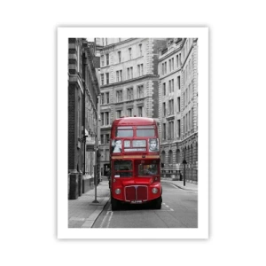Poster - Ein roter Bus auf einer schwarz-weißen Londoner Straße - 50x70cm - Der Alltag muss nicht grau sein - Moderne Wanddekoration für Wohnzimmer und Schlafzimmer ARTTOR