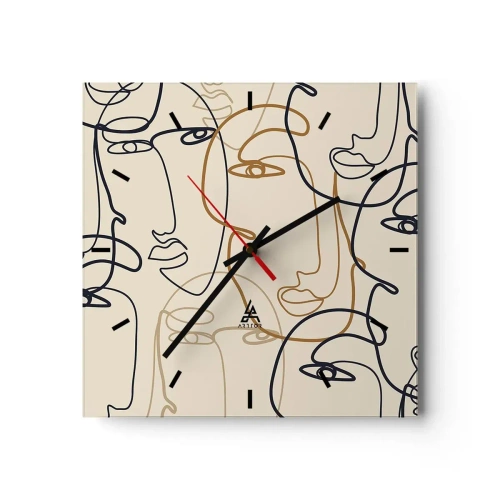 Wanduhr - Glasuhr - Minimalistische Strichzeichnungen von Gesichtern auf hellem Hintergrund - 30x30cm - Das Porträt wird multipliziert - Moderne Wanddekoration für Wohnzimmer und Schlafzimmer ARTTOR