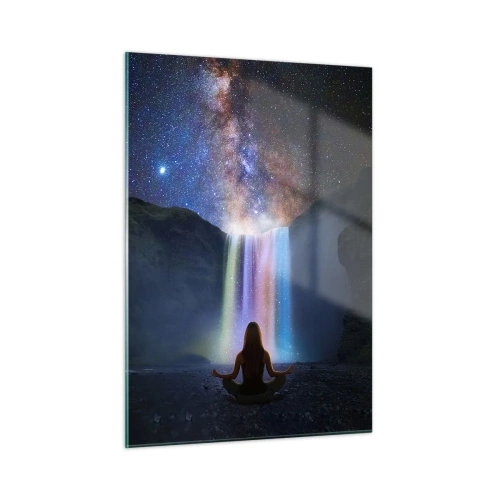 Glasbild - Bild auf glas - Meditation vor einem farbenfrohen Wasserfall bei Nacht - 50x70cm - Absolute Harmonie - Moderne Wanddekoration für Wohnzimmer und Schlafzimmer ARTTOR
