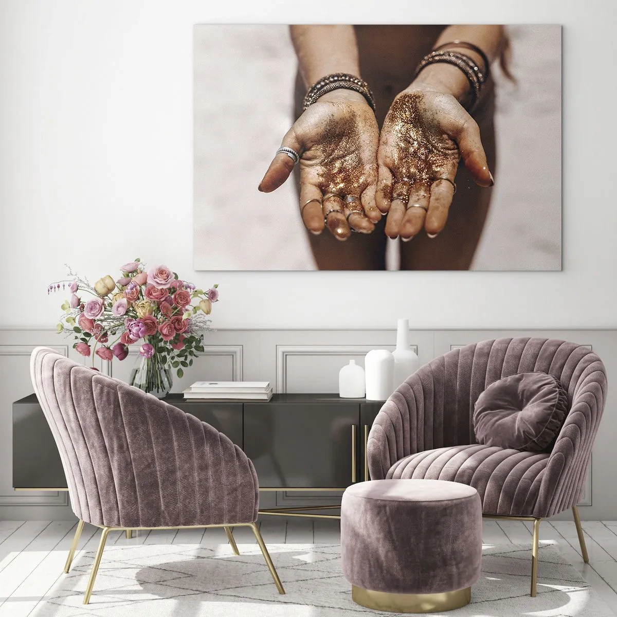 Glasbild - Bild auf glas - Offene Hände mit Glitzer in warmem Licht - 70x50cm - Ein Geschenk für dich - Moderne Wanddekoration für Wohnzimmer und Schlafzimmer ARTTOR