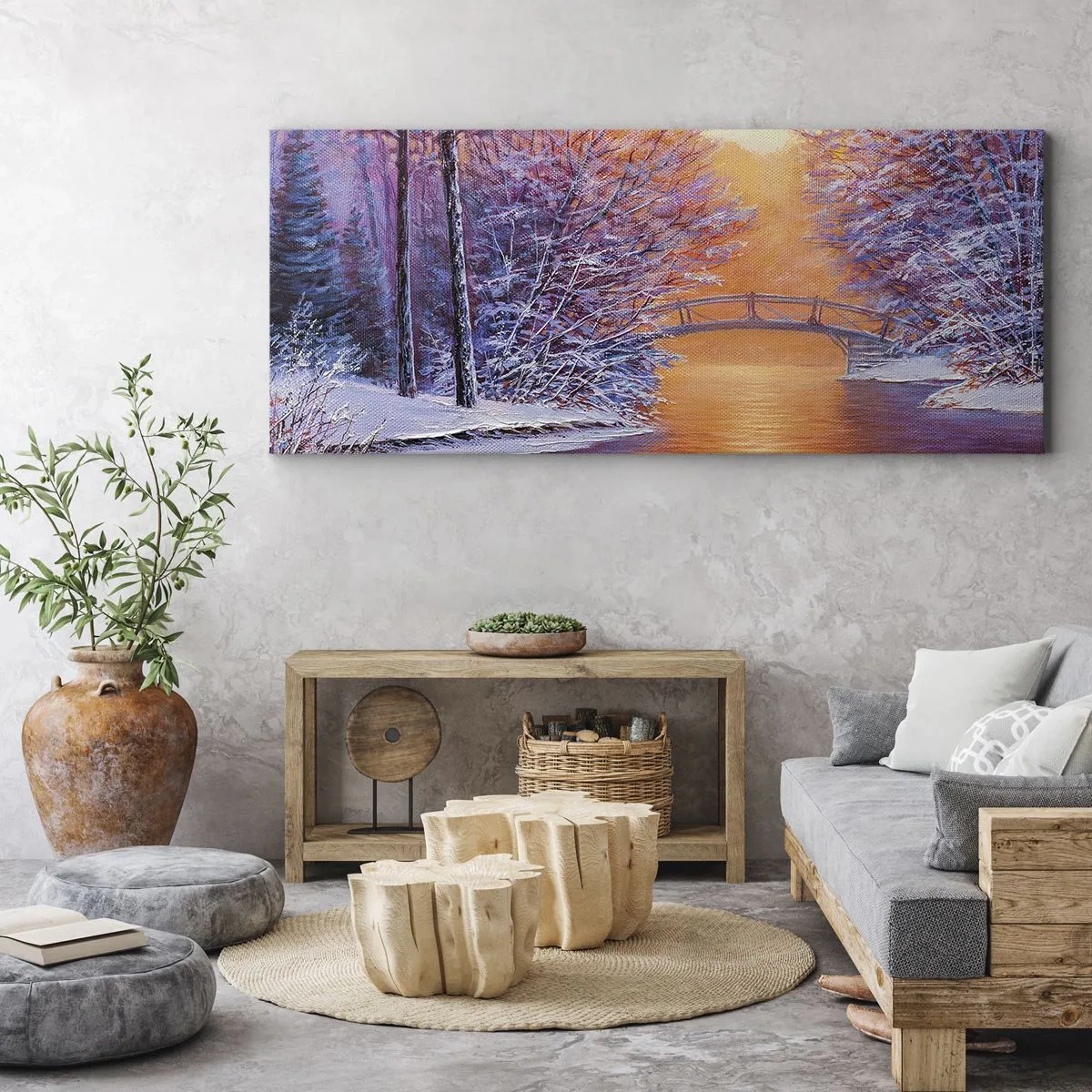 Bild auf Leinwand - Leinwandbild - Winterlandschaft mit Brücke und Sonnenuntergang - 120x50cm - Treffen wir uns hier - Moderne Wanddekoration für Wohnzimmer und Schlafzimmer ARTTOR