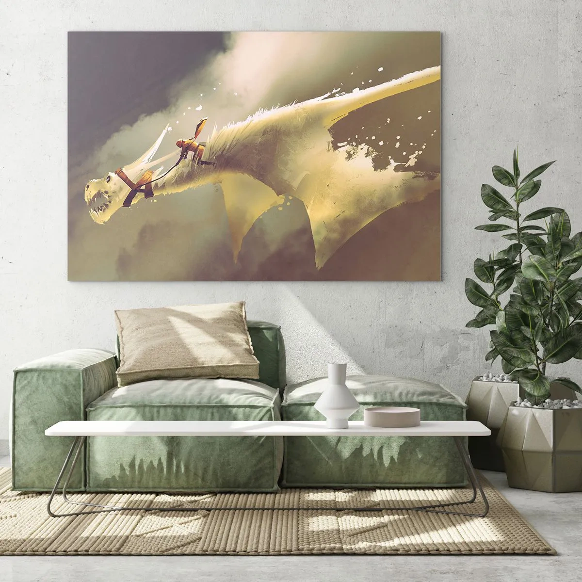 Glasbild - Bild auf glas - Eine Figur auf dem Rücken eines weißen Drachen in einer nebligen Landschaft - 70x50cm - Die Welt zur Rettung - Moderne Wanddekoration für Wohnzimmer und Schlafzimmer ARTTOR