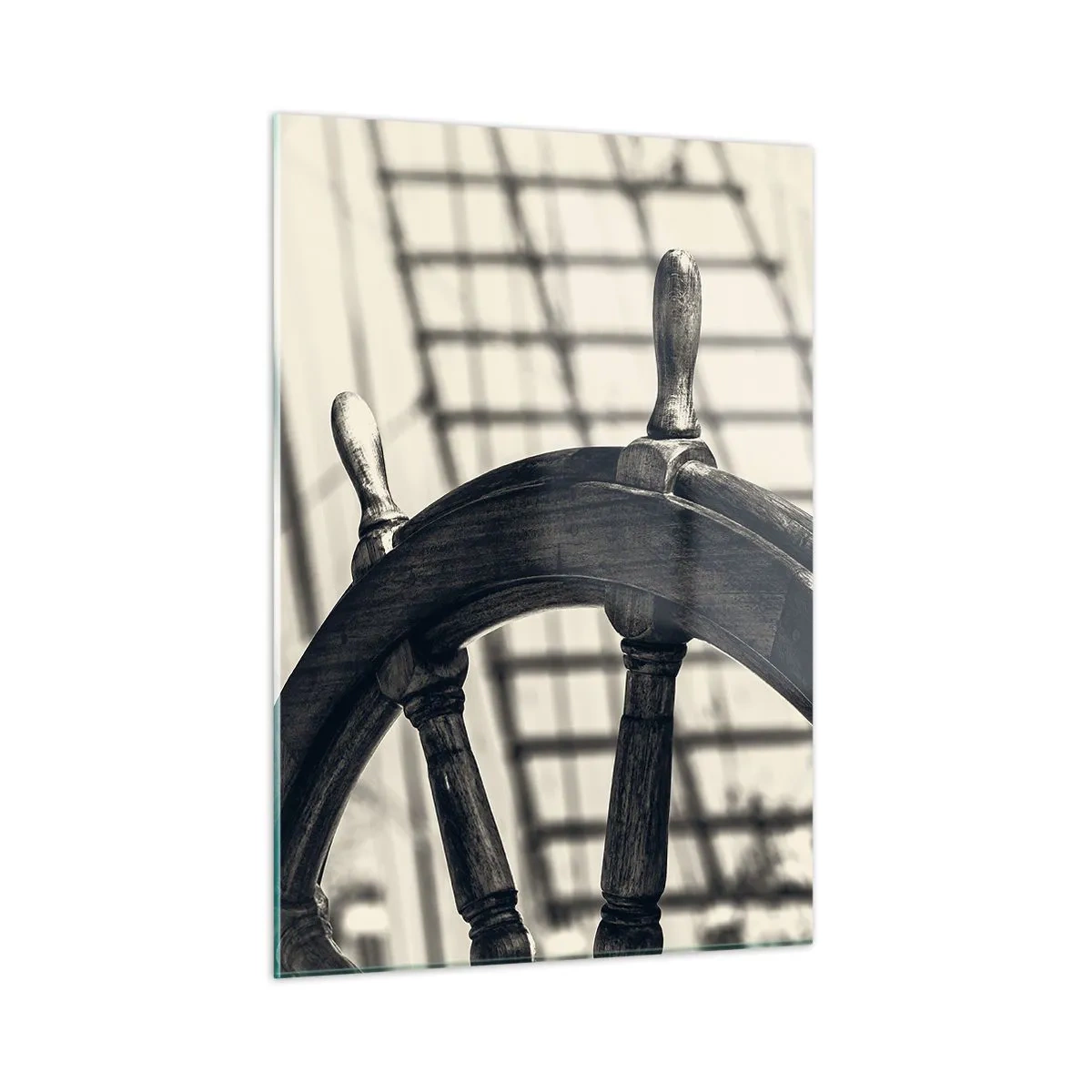 Glasbild - Bild auf glas - Schwarz-weißes nautisches Schiffsrad - 50x70cm - Meeresgeschichten - Moderne Wanddekoration für Wohnzimmer und Schlafzimmer ARTTOR