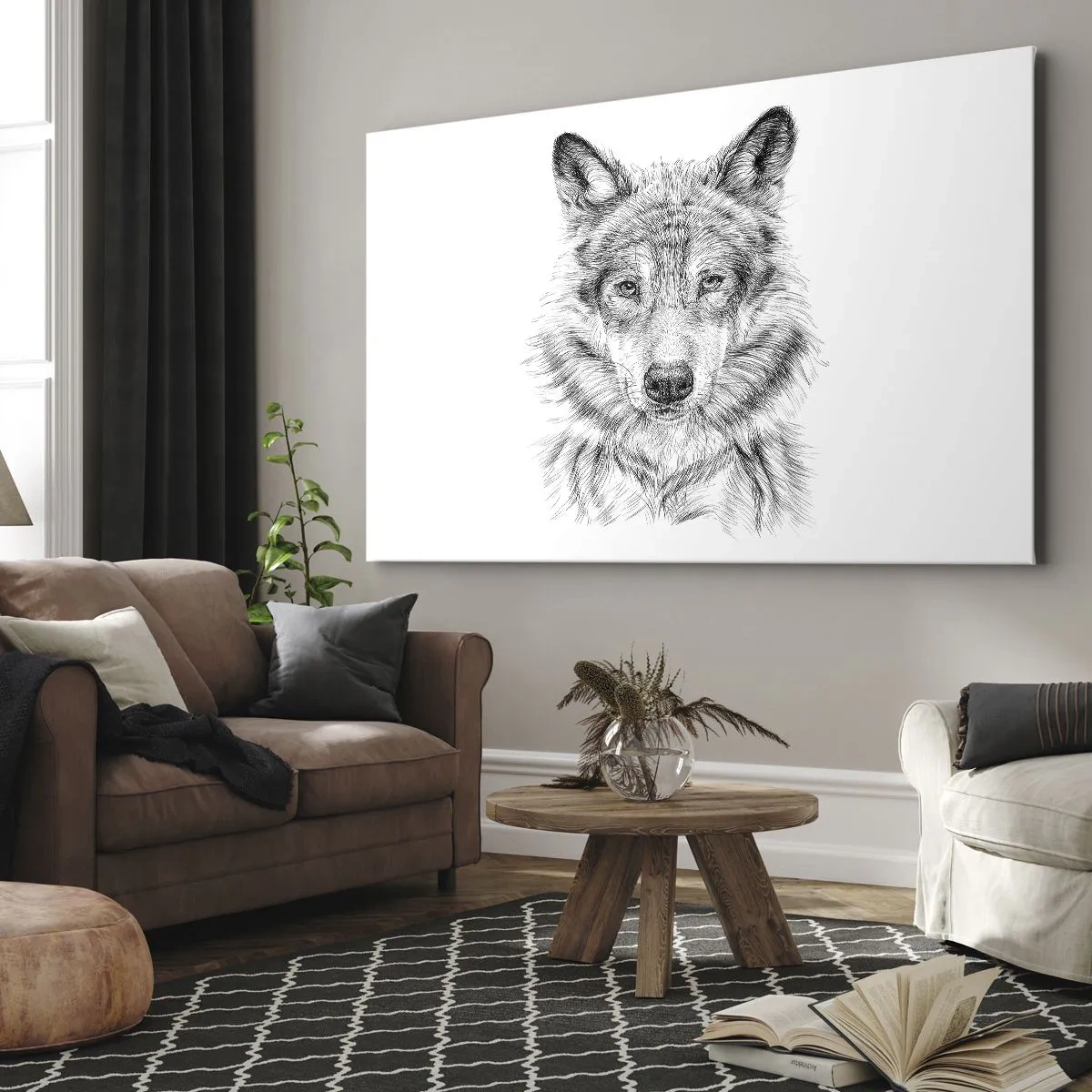 Bild auf Leinwand - Leinwandbild - Skizze eines Wolfskopfes im monochromen Stil auf weißem Hintergrund - 100x70cm - Ein geborener Anführer - Moderne Wanddekoration für Wohnzimmer und Schlafzimmer ARTTOR