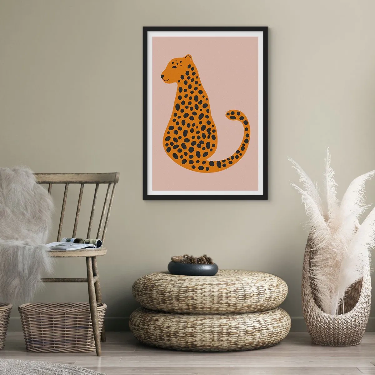 Poster in einem schwarzem Rahmen - Minimalistischer Gepard auf beigem Hintergrund - 50x70cm - Leopardenmuster ist ein modisches Muster - Moderne Wanddekoration für Wohnzimmer und Schlafzimmer ARTTOR