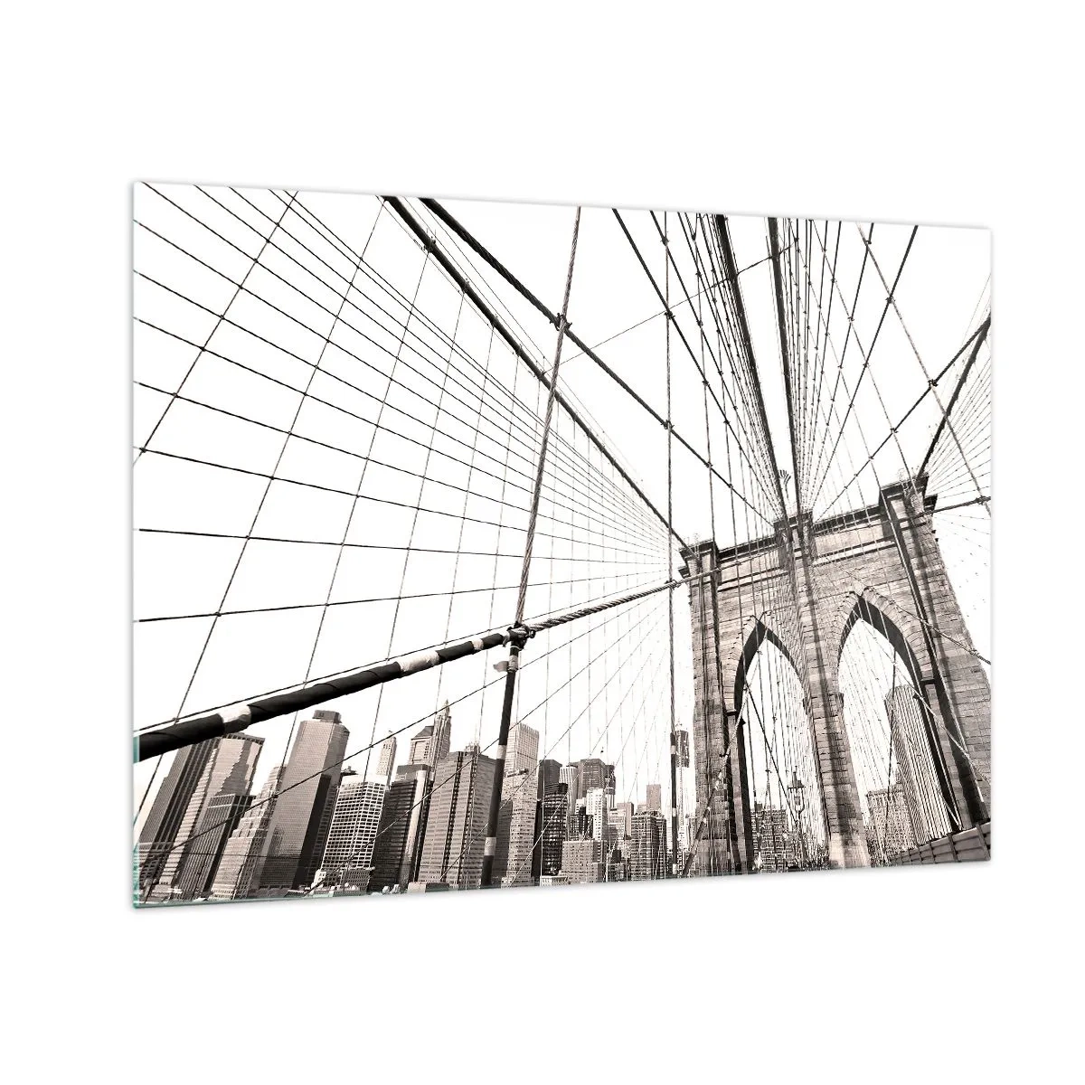 Glasbild - Bild auf glas - Eine Hängebrücke mit einem Stadtpanorama im Hintergrund in Sepia - 70x50cm - New Yorker Kathedrale - Moderne Wanddekoration für Wohnzimmer und Schlafzimmer ARTTOR