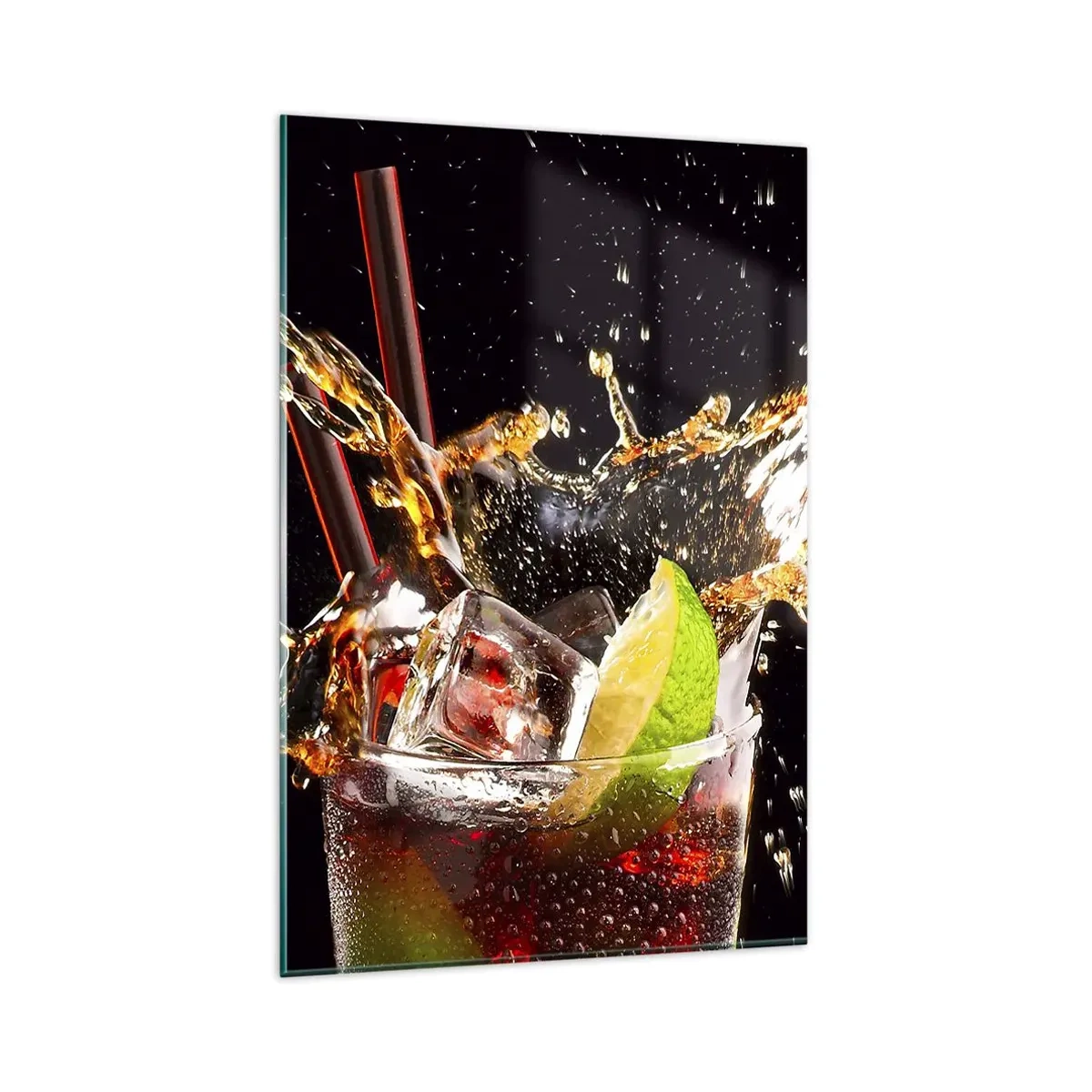 Glasbild - Bild auf glas - Ein Glas Getränk, Limette und Eis im Moment des dynamischen Spritzens - 80x120cm - Freude und Energie der Farben - Moderne Wanddekoration für Wohnzimmer und Schlafzimmer ARTTOR