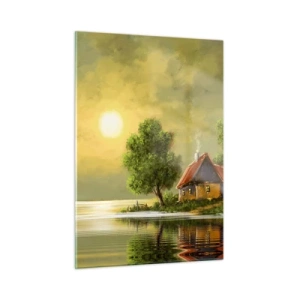 Glasbild - Bild auf glas - Eine malerische Landschaft mit einem Häuschen am See bei Sonnenuntergang - 50x70cm - Schön, wie ein Bild - Moderne Wanddekoration für Wohnzimmer und Schlafzimmer ARTTOR