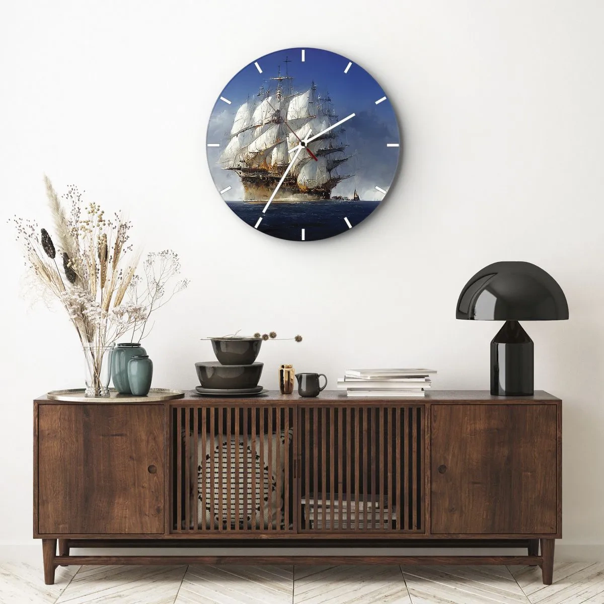 Wanduhr - Glasuhr - Ein Segelschiff mit gespreizten Segeln, das gegen den Wind über das Meer segelt. - 30x30cm - Der große Ruhm! - Moderne Wanddekoration für Wohnzimmer, Küche und Schlafzimmer ARTTOR