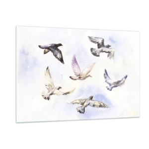 Glasbild - Bild auf glas - Vögel im Flug vor klarem Himmel - 120x80cm - Freiheit in Grau und Blau - Moderne Wanddekoration für Wohnzimmer und Schlafzimmer ARTTOR