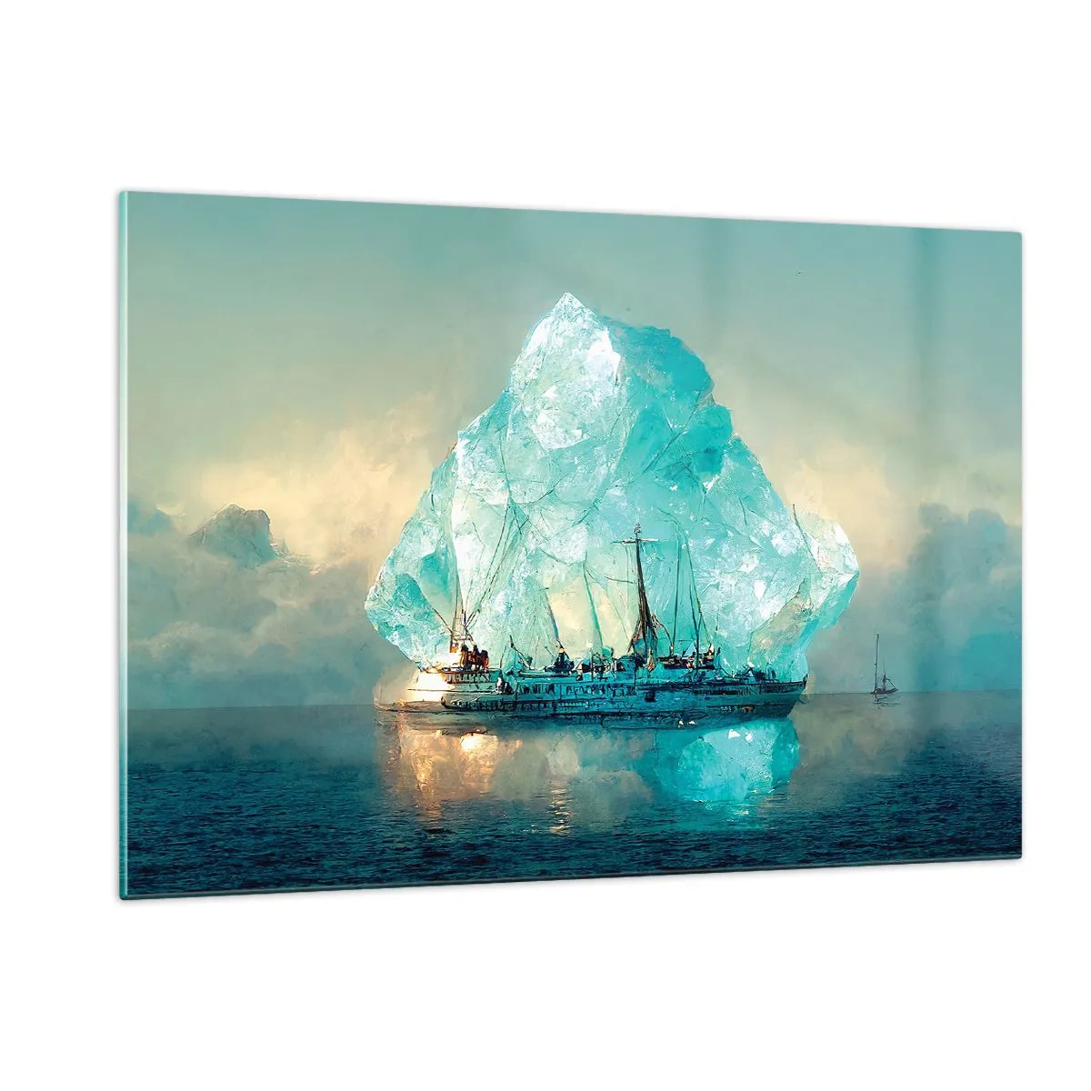 Glasbild - Bild auf glas - Ein Segelschiff vor einem riesigen Gletscher im arktischen Licht. - 120x80cm - Arktischer Diamant - Moderne Wanddekoration für Wohnzimmer und Schlafzimmer ARTTOR