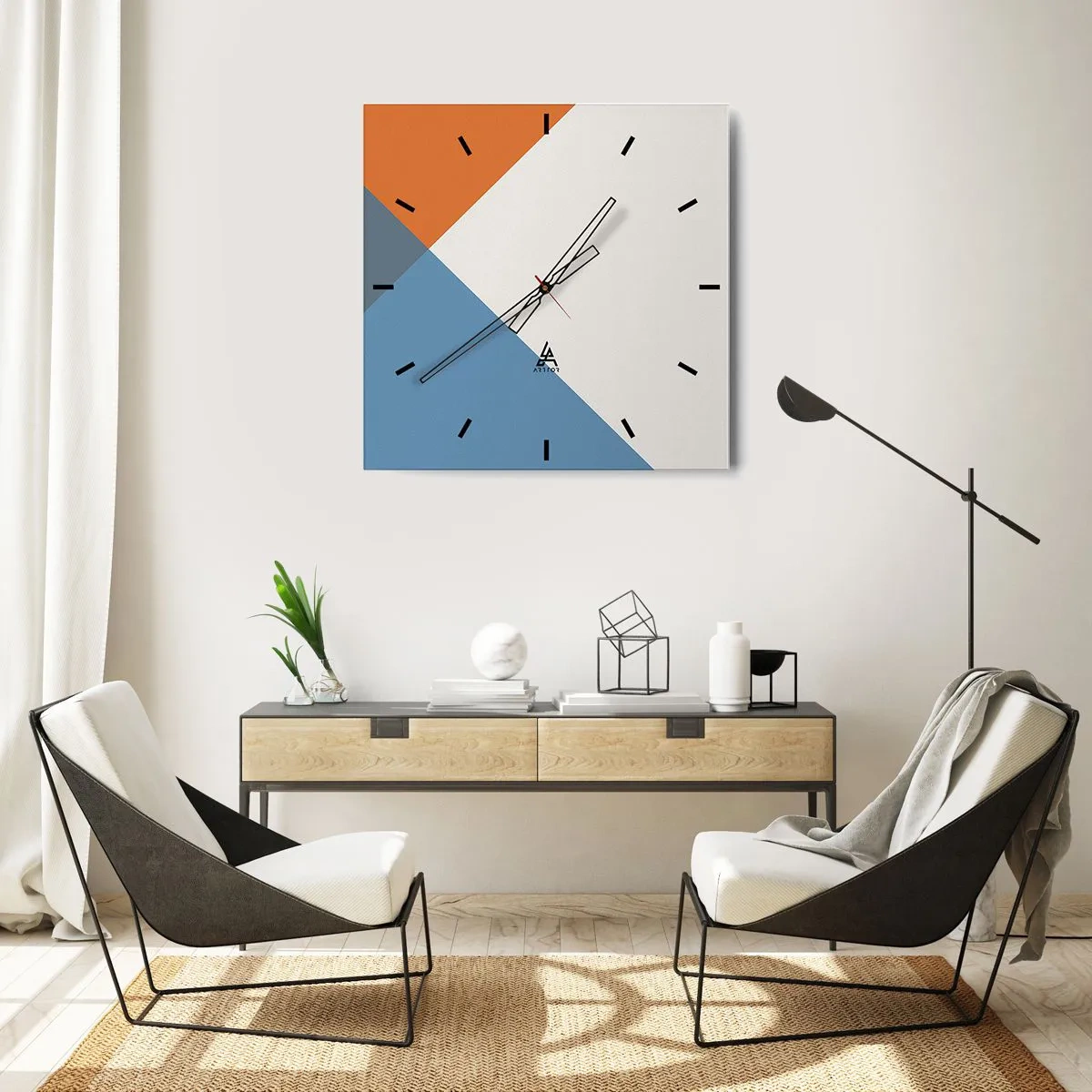 Wanduhr - Glasuhr - Geometrische Dreiecke in Blau- und Orangetönen - 30x30cm - In einem Winkel… - Moderne Wanddekoration für Wohnzimmer und Schlafzimmer ARTTOR