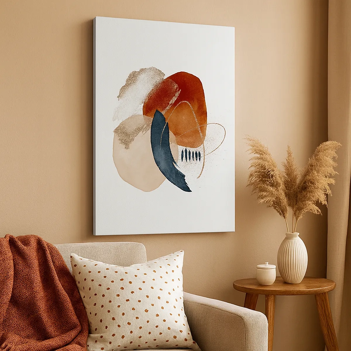 Bild auf Leinwand - Leinwandbild - Eine abstrakte Komposition mit Punkten in erdigen und marineblauen Farbtönen. - 50x70cm - Ovale Komposition - Moderne Wanddekoration für Wohnzimmer und Schlafzimmer ARTTOR