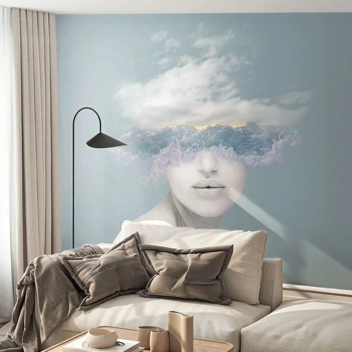Fototapete Premium Sand - Mit dem Kopf in den Wolken - Hell, Porträt, Wolken - 300x210 cm