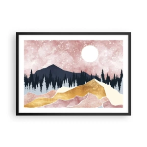 Poster in einem schwarzem Rahmen - Bunte Berge vor einem rosa Himmel mit einem Mond - 70x50cm - Nachtwache - Moderne Wanddekoration für Wohnzimmer und Schlafzimmer ARTTOR