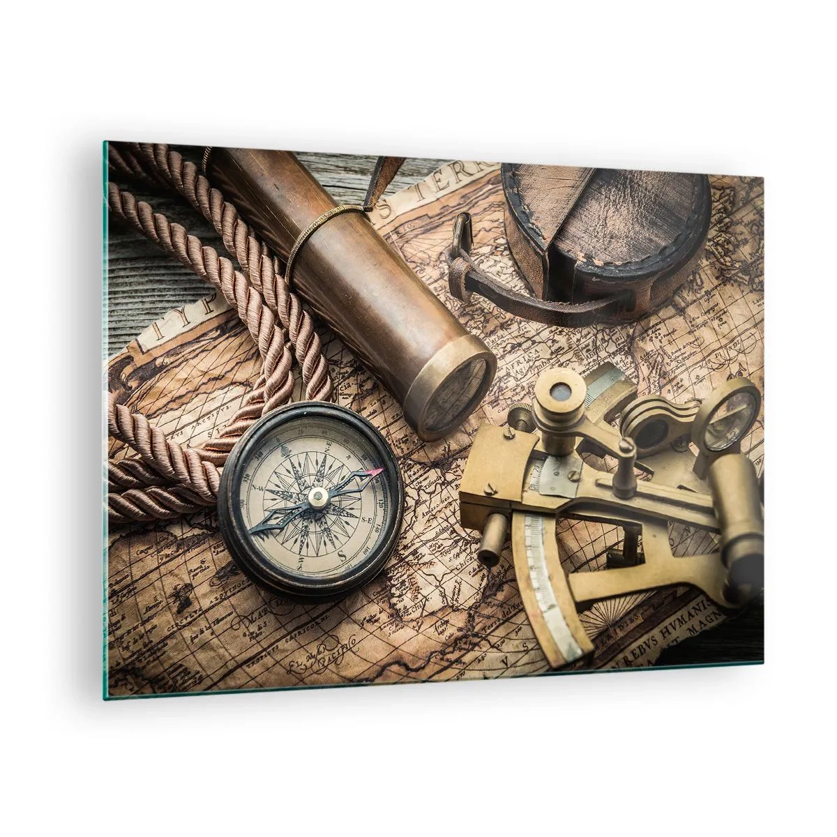 Glasbild - Bild auf glas - Kompass, Karte und Navigationshilfen im Retro-Stil - 70x50cm - Setze Sie einen Kurs - Moderne Wanddekoration für Wohnzimmer und Schlafzimmer ARTTOR