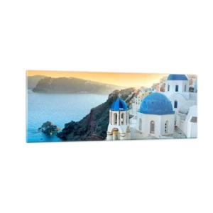 Glasbild - Bild auf glas - Blick auf Santorini mit weißen Gebäuden und blauem Meer - 140x50cm - Santorini - an die Felsen gekuschelt - Moderne Wanddekoration für Wohnzimmer und Schlafzimmer ARTTOR