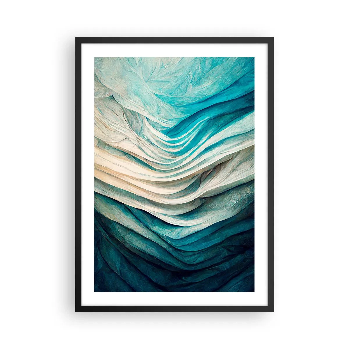 Poster in einem schwarzem Rahmen - Abstrakte Wellenkomposition in Blau- und Beigetönen - 50x70cm - Blaue Unersättlichkeit - Moderne Wanddekoration für Wohnzimmer und Schlafzimmer ARTTOR