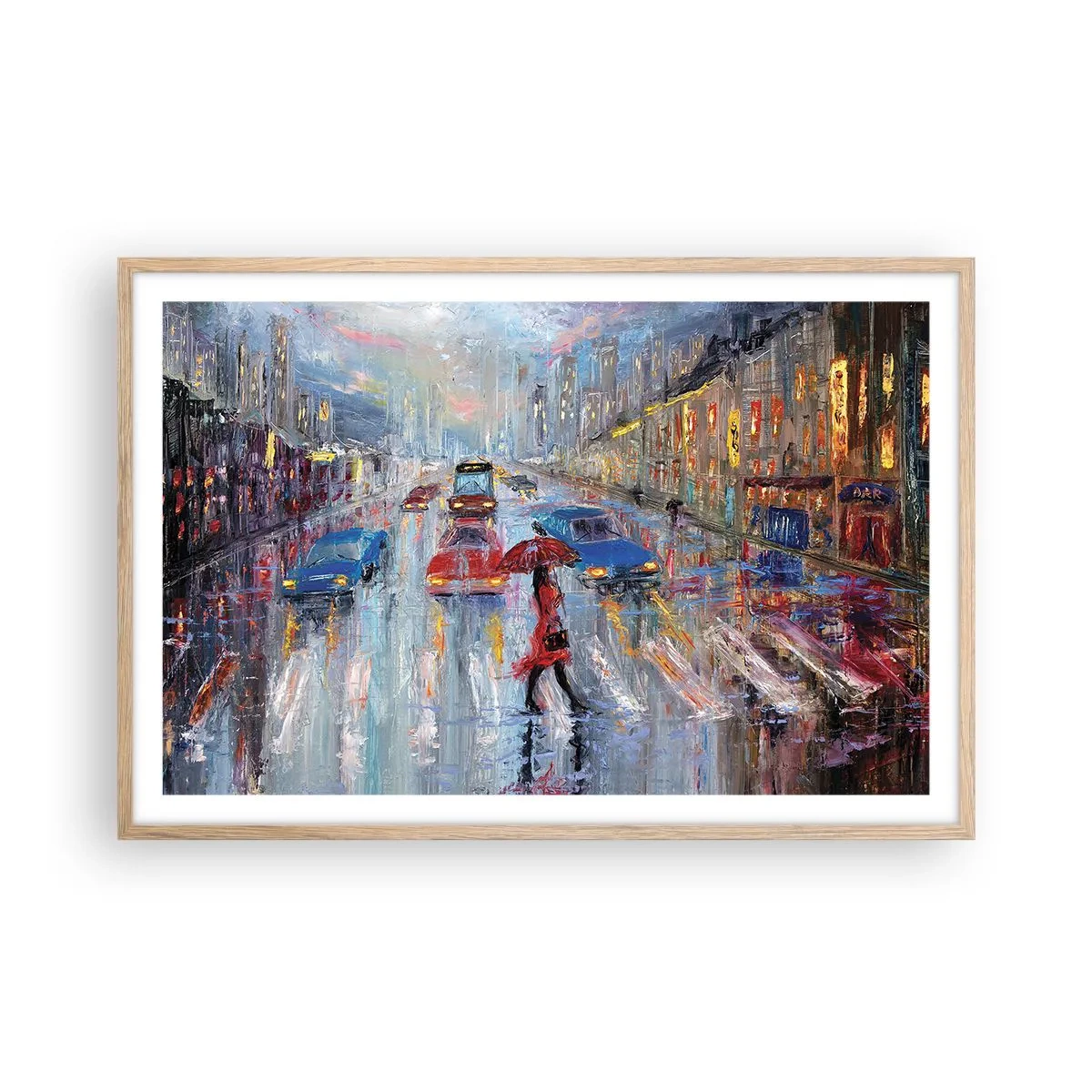 Poster in einem Rahmen aus heller Eiche - Regnerischer Nachmittag in der Stadt - 91x61 cm
