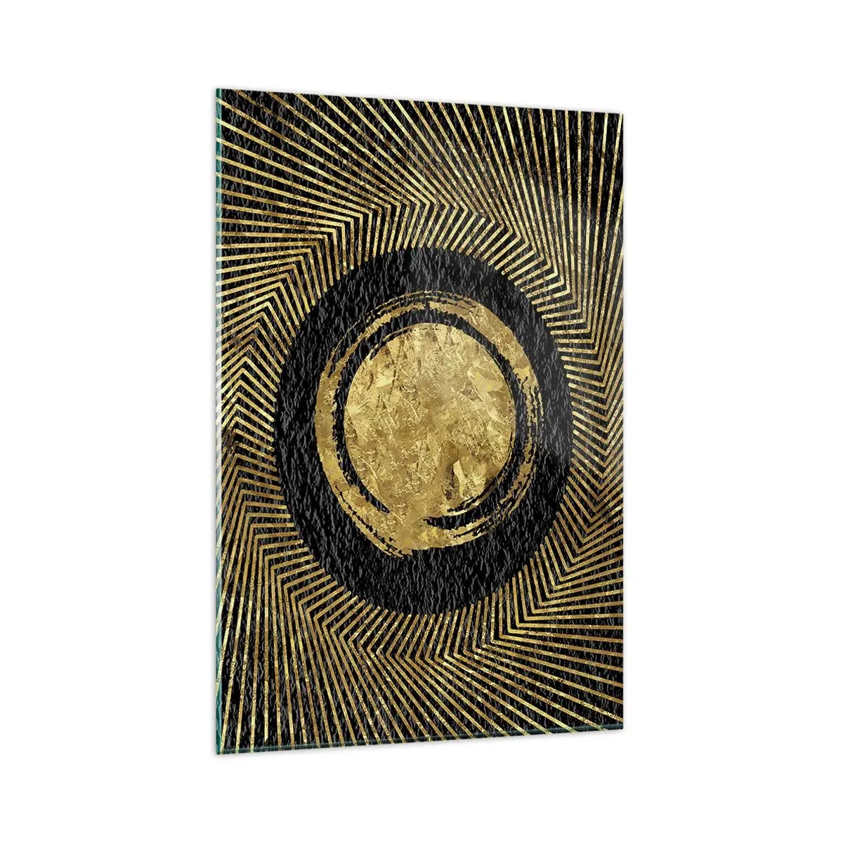 Glasbild - Bild auf glas - Geometrische Komposition in Schwarz und Gold mit Strahlen - 80x120cm - Glamour-Komposition - Moderne Wanddekoration für Wohnzimmer und Schlafzimmer ARTTOR