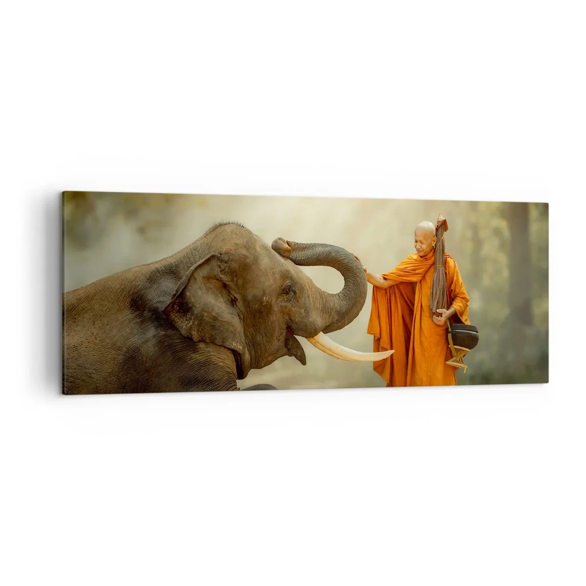Bild auf Leinwand - Leinwandbild - Ein Mönch und ein Elefant in Harmonie vor der Kulisse der Natur - 140x50cm - Treffen unterwegs - Moderne Wanddekoration für Wohnzimmer und Schlafzimmer ARTTOR