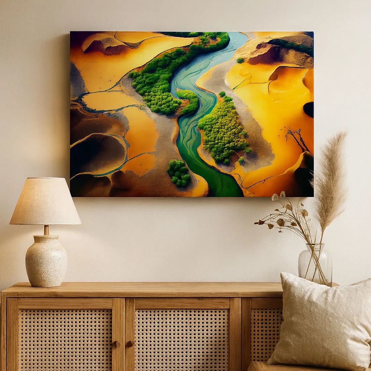 Bild auf Leinwand - Leinwandbild - Ein grüner Fluss, umgeben von goldenem Sand und Vegetation - 70x50cm - Lebensspendender Fluss - Moderne Wanddekoration für Wohnzimmer und Schlafzimmer ARTTOR