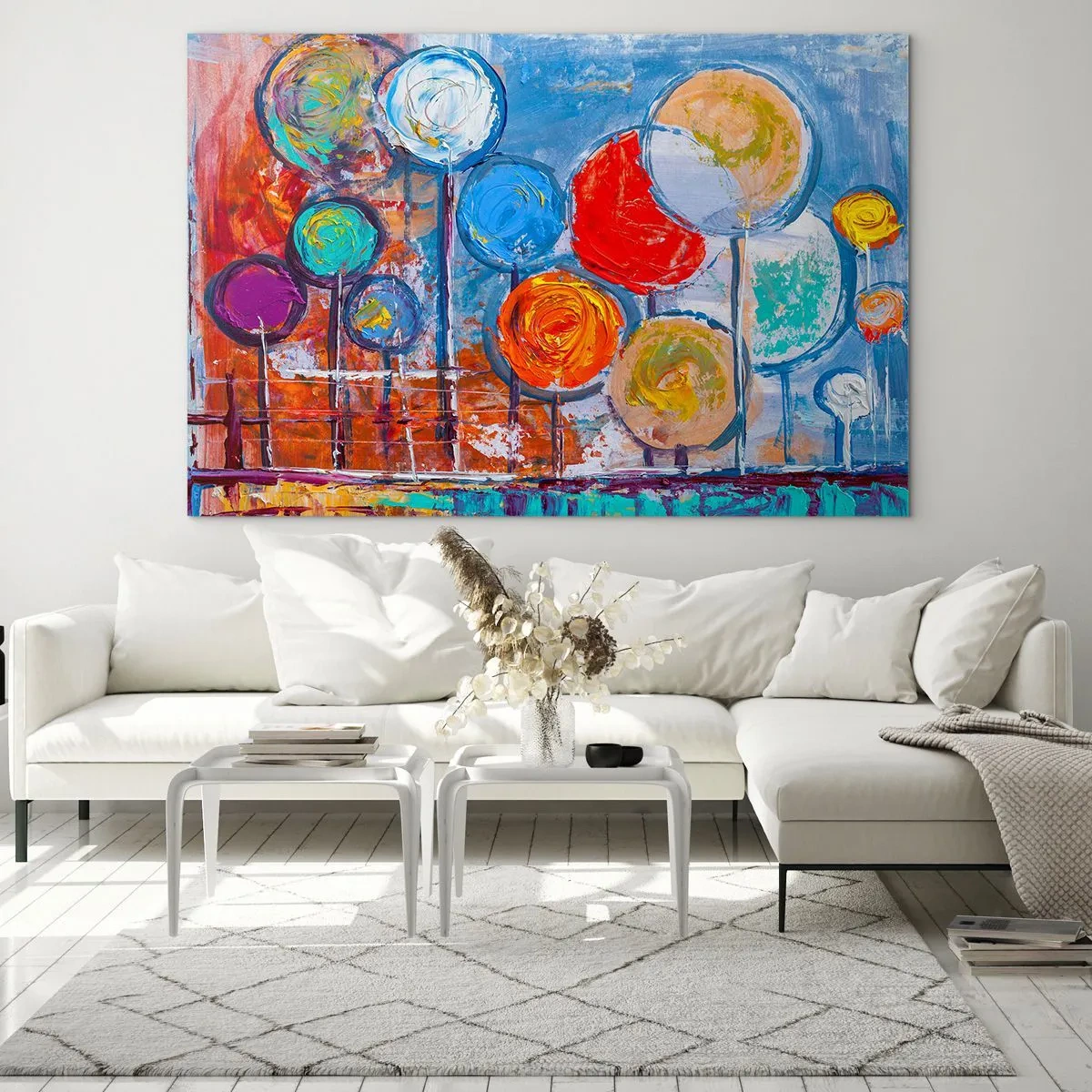 Glasbild - Bild auf glas - Bunte, abstrakte Bäume, die gegen den Himmel gemalt sind - 100x70cm - Wunder am Stiel - Moderne Wanddekoration für Wohnzimmer und Schlafzimmer ARTTOR