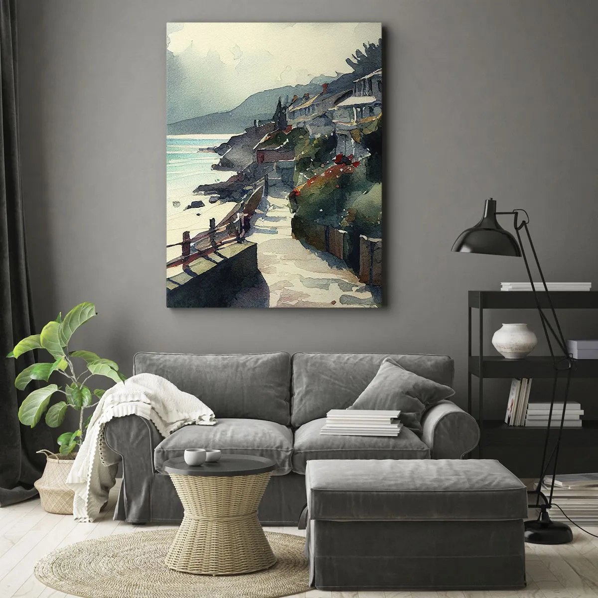 Bild auf Leinwand - Leinwandbild - Strandpromenade mit Häusern und Vegetation - 70x100cm - Mittelmeerstadt - Moderne Wanddekoration für Wohnzimmer und Schlafzimmer ARTTOR