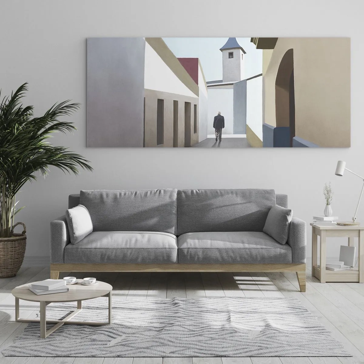 Glasbild - Bild auf glas - Eine minimalistische Straße mit der Silhouette eines Mannes im Hintergrund - 120x50cm - Sonniger Spaziergang - Moderne Wanddekoration für Wohnzimmer und Schlafzimmer ARTTOR