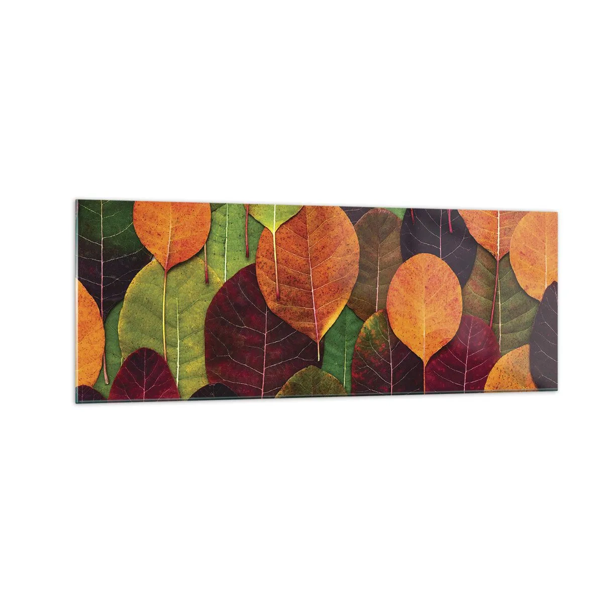 Glasbild - Bild auf glas - Bunte Blätter in einem herbstlichen Muster angeordnet - 140x50cm - Herbstmosaik - Moderne Wanddekoration für Wohnzimmer und Schlafzimmer ARTTOR