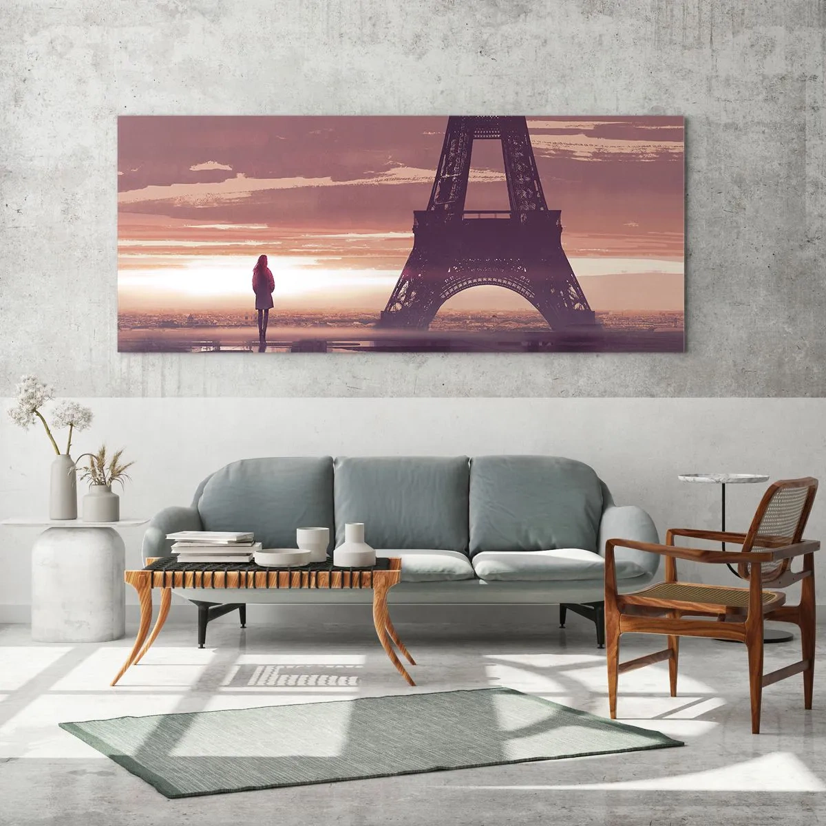 Glasbild - Bild auf glas - Eine Figur, die im Licht der untergehenden Sonne auf den Eiffelturm blickt - 120x50cm - Nur zwei davon - Moderne Wanddekoration für Wohnzimmer und Schlafzimmer ARTTOR