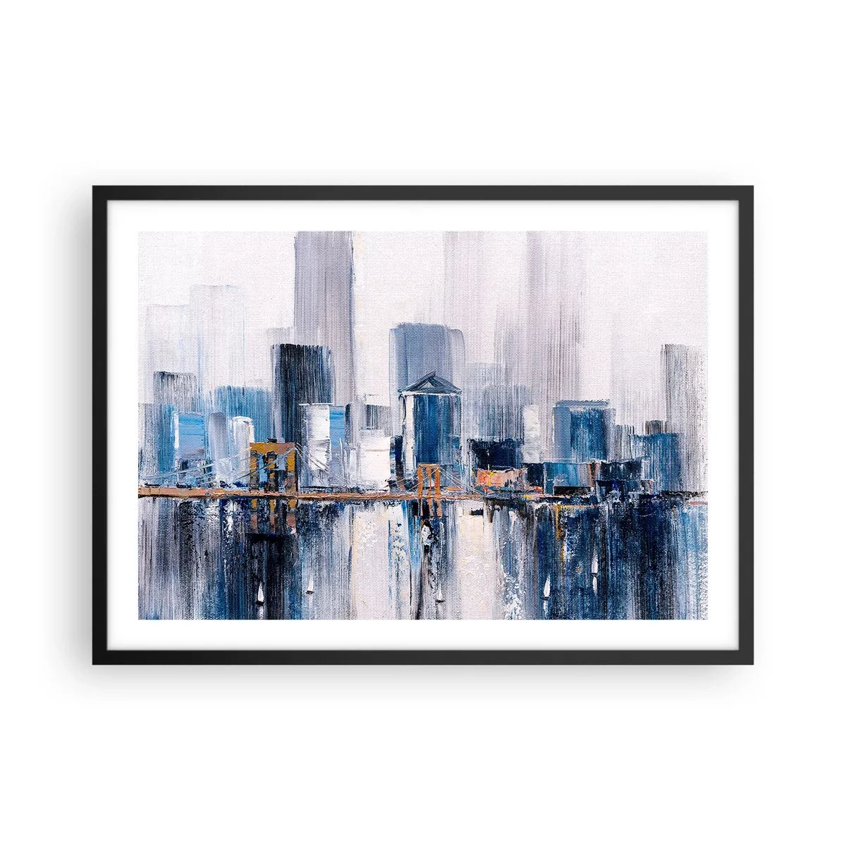 Poster in einem schwarzem Rahmen - Abstraktes Stadtpanorama mit Blau- und Gelbtönen - 70x50cm - New Yorker Eindruck - Moderne Wanddekoration für Wohnzimmer und Schlafzimmer ARTTOR