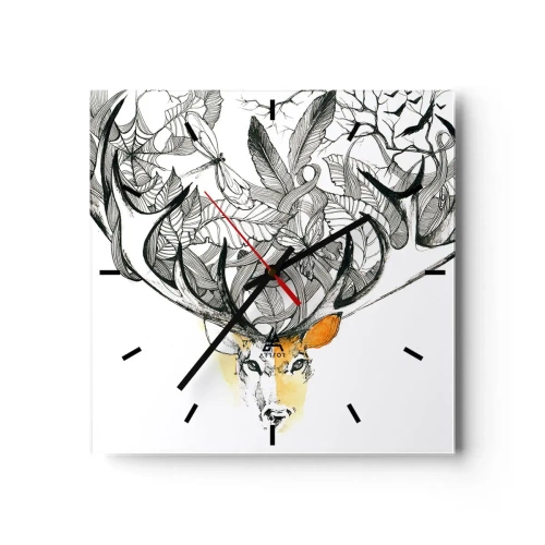 Wanduhr - Glasuhr - Dezente Hirschgrafik mit dekorativem Geweih - 30x30cm - Ecken des Überflusses - Moderne Wanddekoration für Wohnzimmer und Schlafzimmer ARTTOR