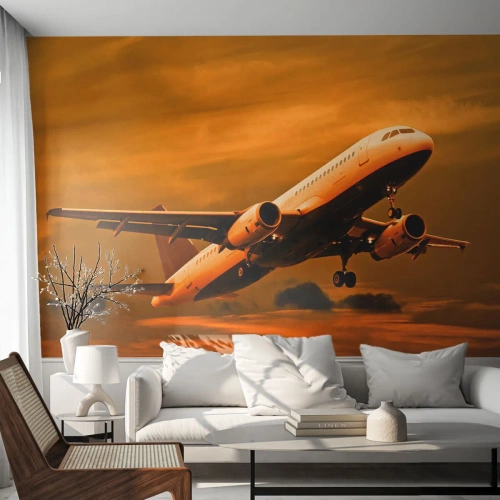 Maßgeschneiderte Fototapete Standard Eco - Flug der Sonne entgegen - Flugzeug, Reise, Sonnenuntergang