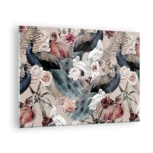 Glasbild - Bild auf glas - Pfauen und Flamingos umgeben von Rosen und Farnen - 70x50cm - Im Schlossgarten - Moderne Wanddekoration für Wohnzimmer und Schlafzimmer ARTTOR