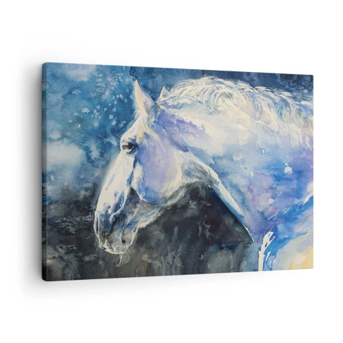 Bild auf Leinwand - Leinwandbild - Ein Porträt eines Pferdes in Blautönen mit malerischem Aquarelleffekt. - 70x50cm - Porträt in blauem Glanz - Moderne Wanddekoration für Wohnzimmer und Schlafzimmer ARTTOR