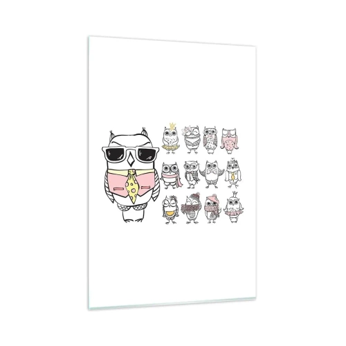 Glasbild - Bild auf glas - Eulen in verschiedenen Stilen und Kleidern - 80x120cm - So viele Rollen zu spielen - Moderne Wanddekoration für Wohnzimmer und Schlafzimmer ARTTOR