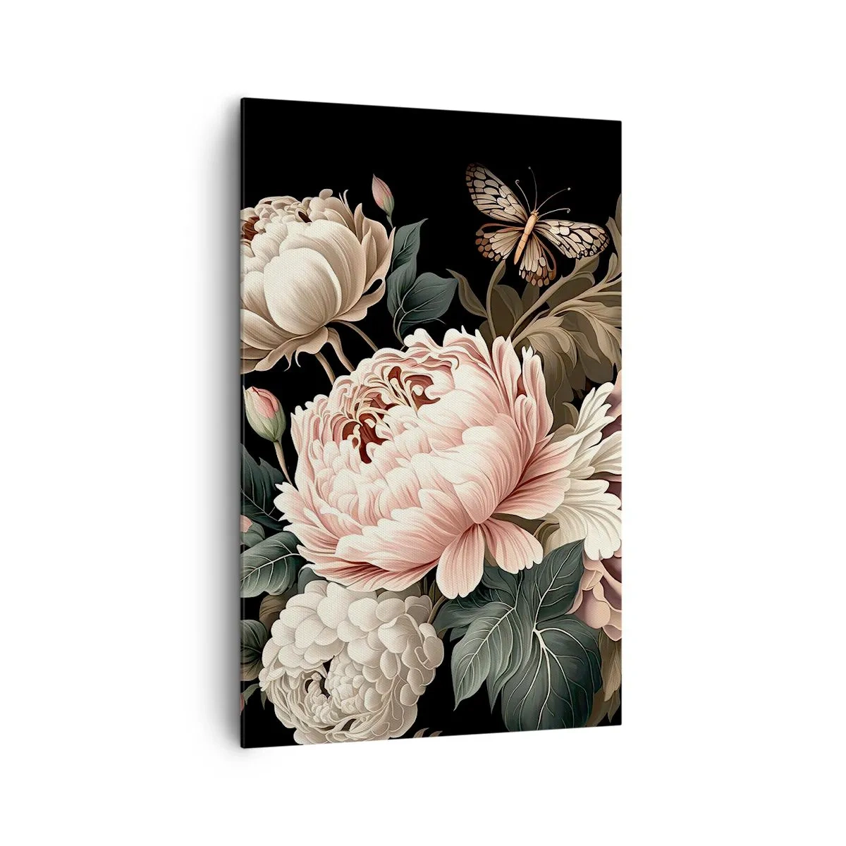 Bild auf Leinwand - Leinwandbild - Ein Strauß rosa Blumen und Schmetterlinge auf schwarzem Hintergrund - 80x120cm - Im Barockstil - Moderne Wanddekoration für Wohnzimmer und Schlafzimmer ARTTOR